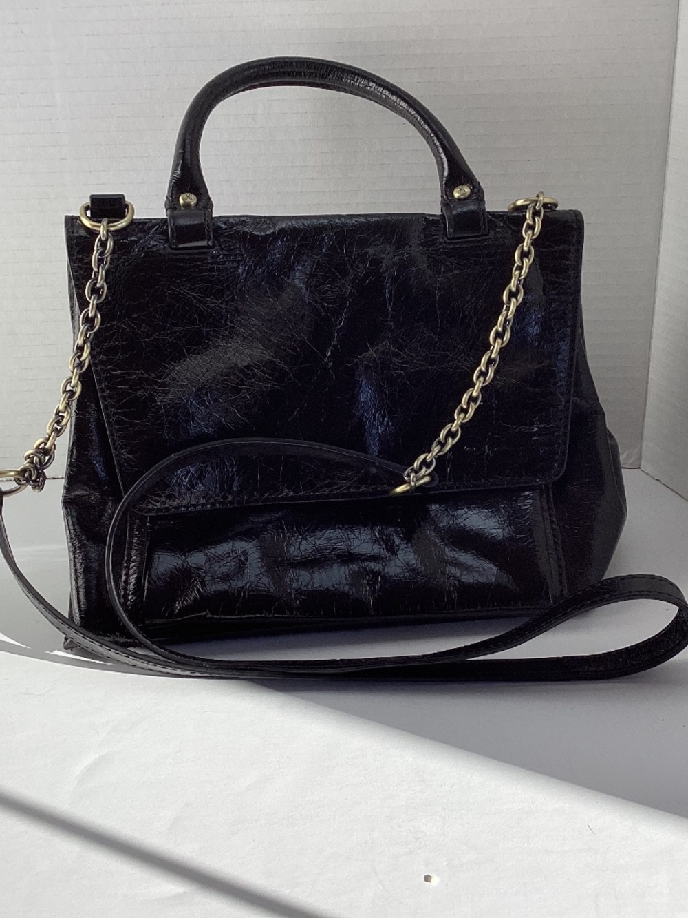 Hobo International Black Patent  Leather Chain Crossbody Sling Handbag KS4